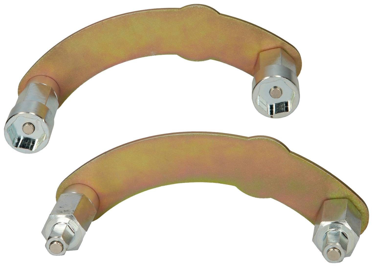 Two curved metal clamps with hexagonal bolts at their ends, possibly used for fastening or mounting components.