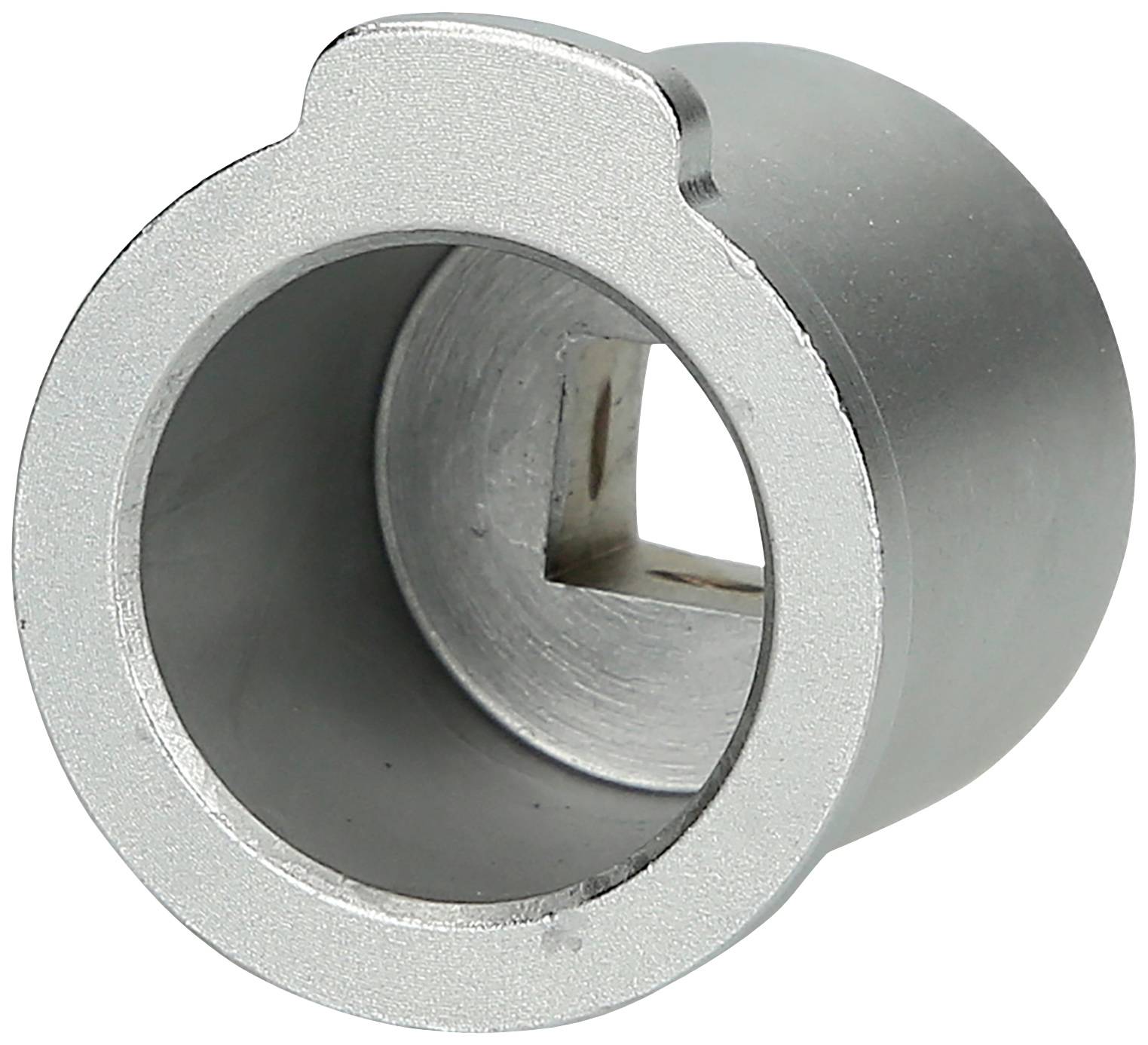 A silver, cylindrical metal part with a square hole in the centre, potentially an adapter or connecting element.