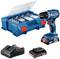 Cordless Drill Set: blue Bosch cordless drill, open case with drill bits and driver bits, charger and spare battery.