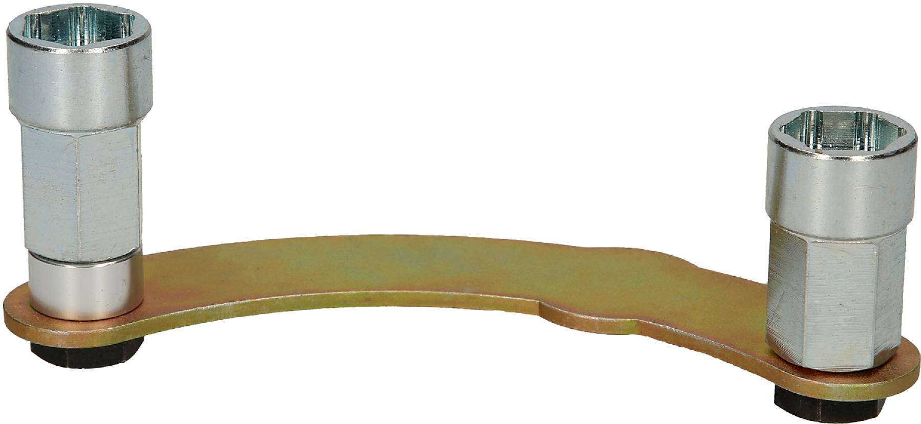 An adjustable two-hole spanner with two silver bolts on a golden mounting, for use in mechanical engineering work.