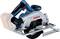 Battery-powered circular hand saw by Bosch in blue and silver, suitable for cutting wood, with visible blade guard and guide rail.