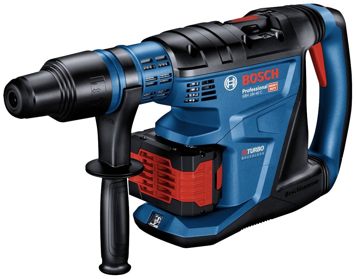 A blue and black Bosch professional drill hammer with a red storage compartment, suitable for heavy-duty construction work.