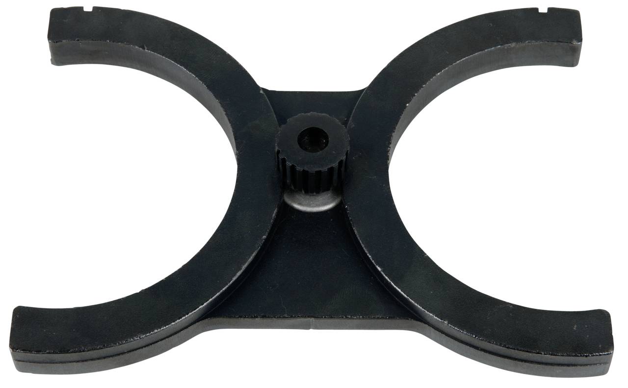 A black, circular holder with two opposing openings, likely for stabilising or securing round objects.