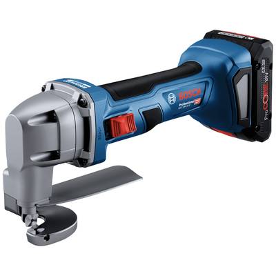 A Bosch electric tool with a blue casing, red switch, and black handle, fitted with a cutting mechanism at the front.