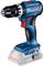 Bosch cordless drill in blue and black with an ergonomic handle. The battery compartment is empty and marked with a dotted line.