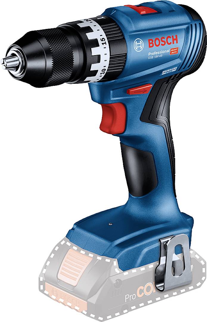A blue cordless drill with a black handle, a drill bit at the front and the brand name on the side. Battery not inserted.