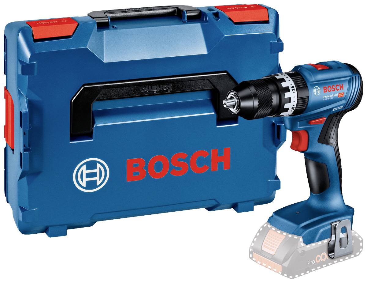 'Blue cordless drill and matching transport case by Bosch. The set is standing on a white background.'