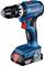 Cordless drill driver with a blue casing, red accents and a metal chuck. 'Bosch' brand name visible on the side.