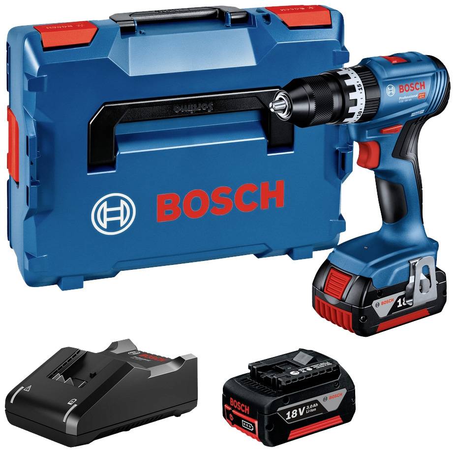 Cordless Drill Driver Set: Bosch Cordless Drill, blue carry case, charger and 18V battery. Perfect for DIY projects.