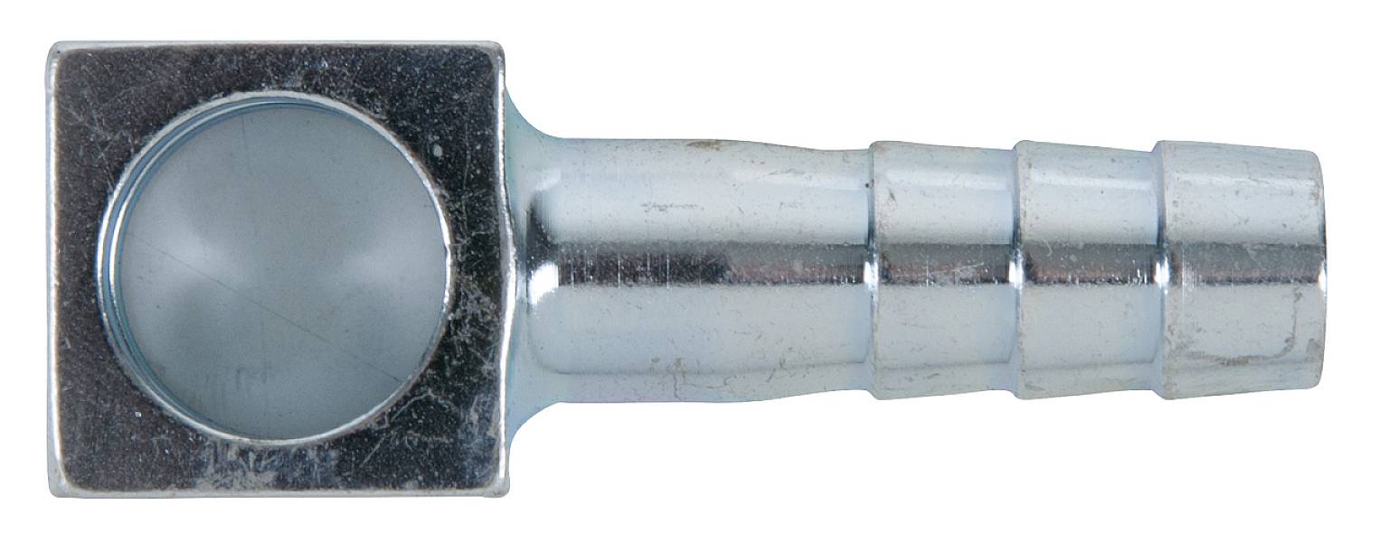 A silver metal piece with a square flat end and a cylindrical ribbed stub on the other side.