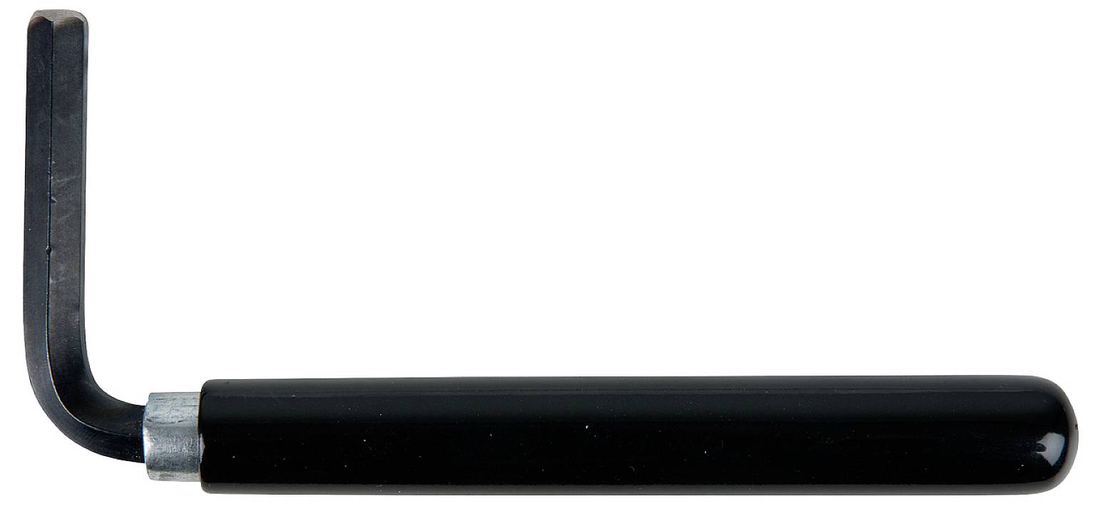 A black spanner with an L-shaped angle, lying on a white background.