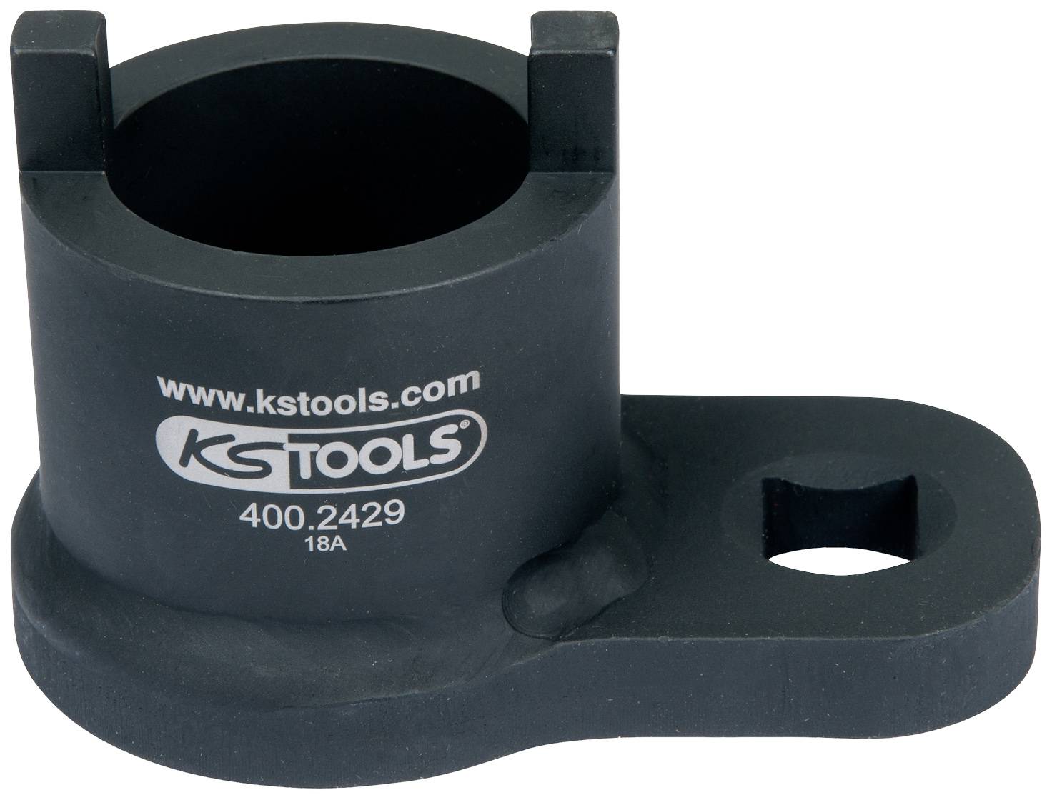 A black, cylindrical tool by KS Tools with the inscription 'www.kstools.com 400.2429 18A', used for holding or securing.