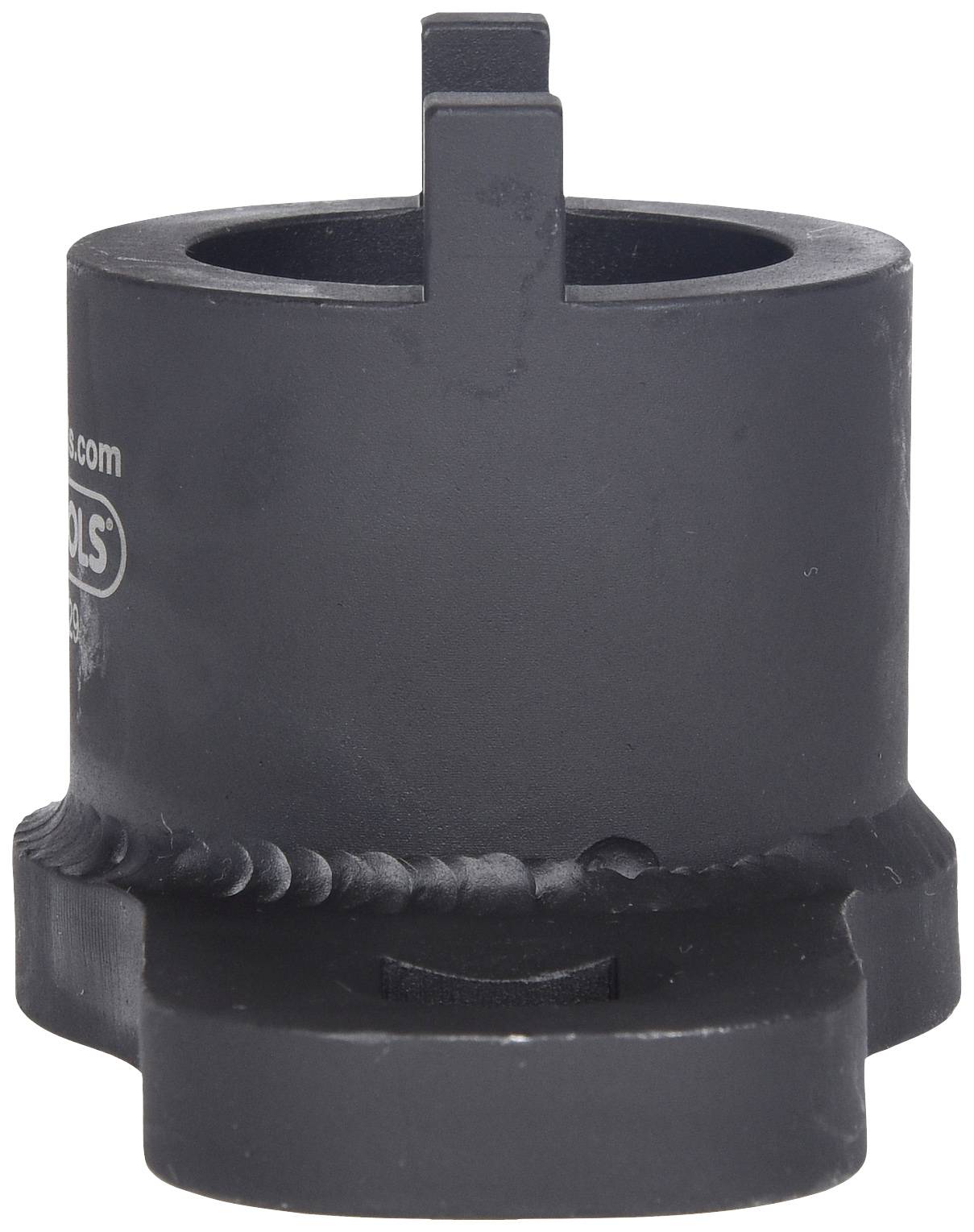 Black metal tool accessory, cylindrical in shape with an upper connector and a ribbed edge at the base.
