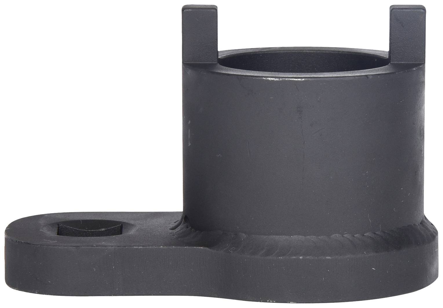 A black, cylindrical metal component with an upright projection and a flat lateral extension featuring a hexagonal opening.