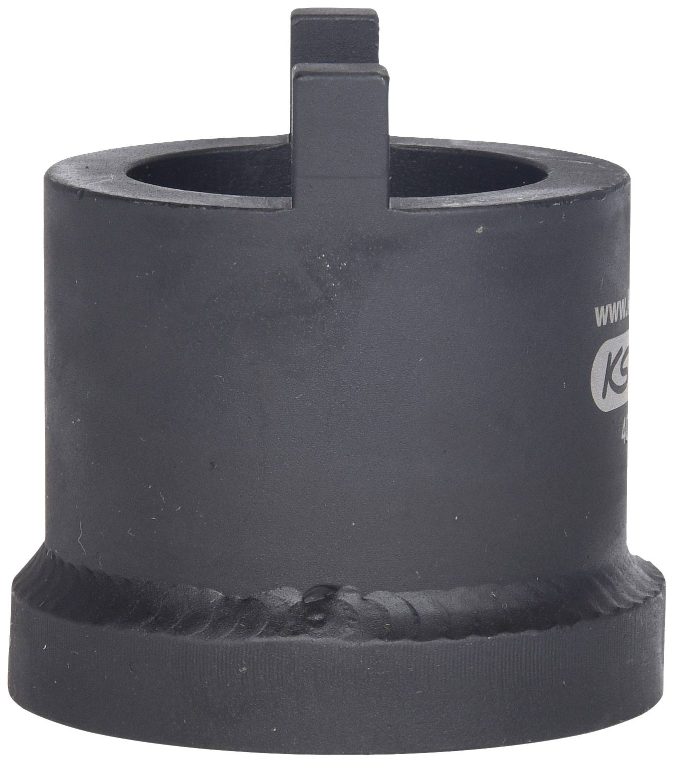 A black, cylindrical metal sleeve with a small, vertical handle on top, used as a specialised tool attachment.