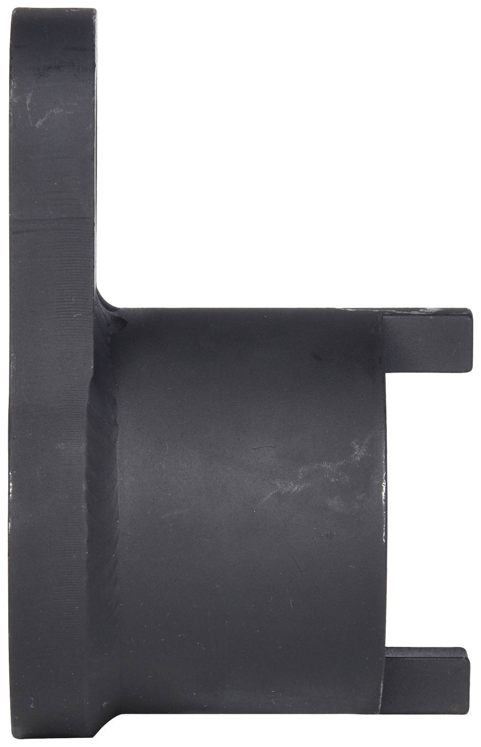 Side view of a black, cylindrical machine component with a flange; could be part of a mechanical device or vehicle.