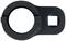 A black, flat metal tool with one large round hole and one small square hole, probably used for clamping or connecting.