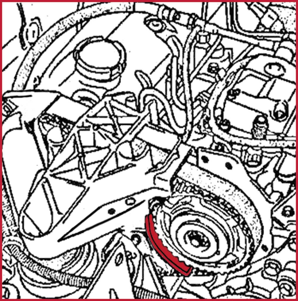 Drawing of a complex engine component with visible cables and hoses. A large component dominates the centre of the image.