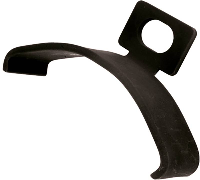 A black, curved metal bracket with a rectangular base and circular hole, likely designed for mounting onto a surface.