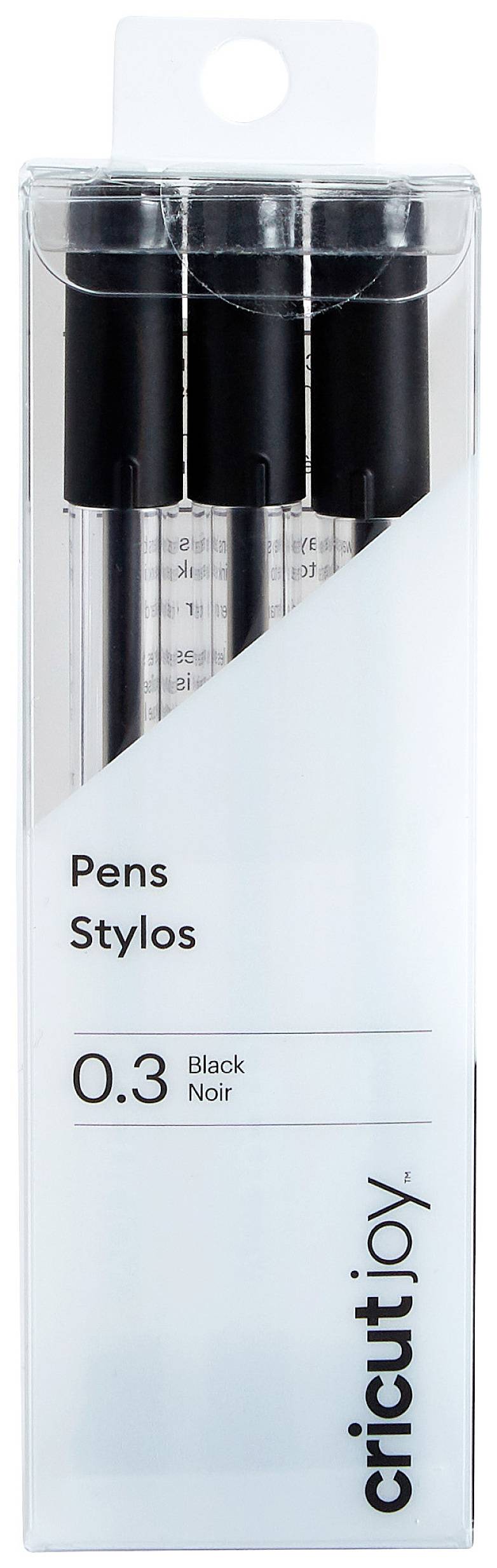 Three black pens, packaged for 'Cricut Joy', 0.3 mm, standing upright in a transparent box with a white label.