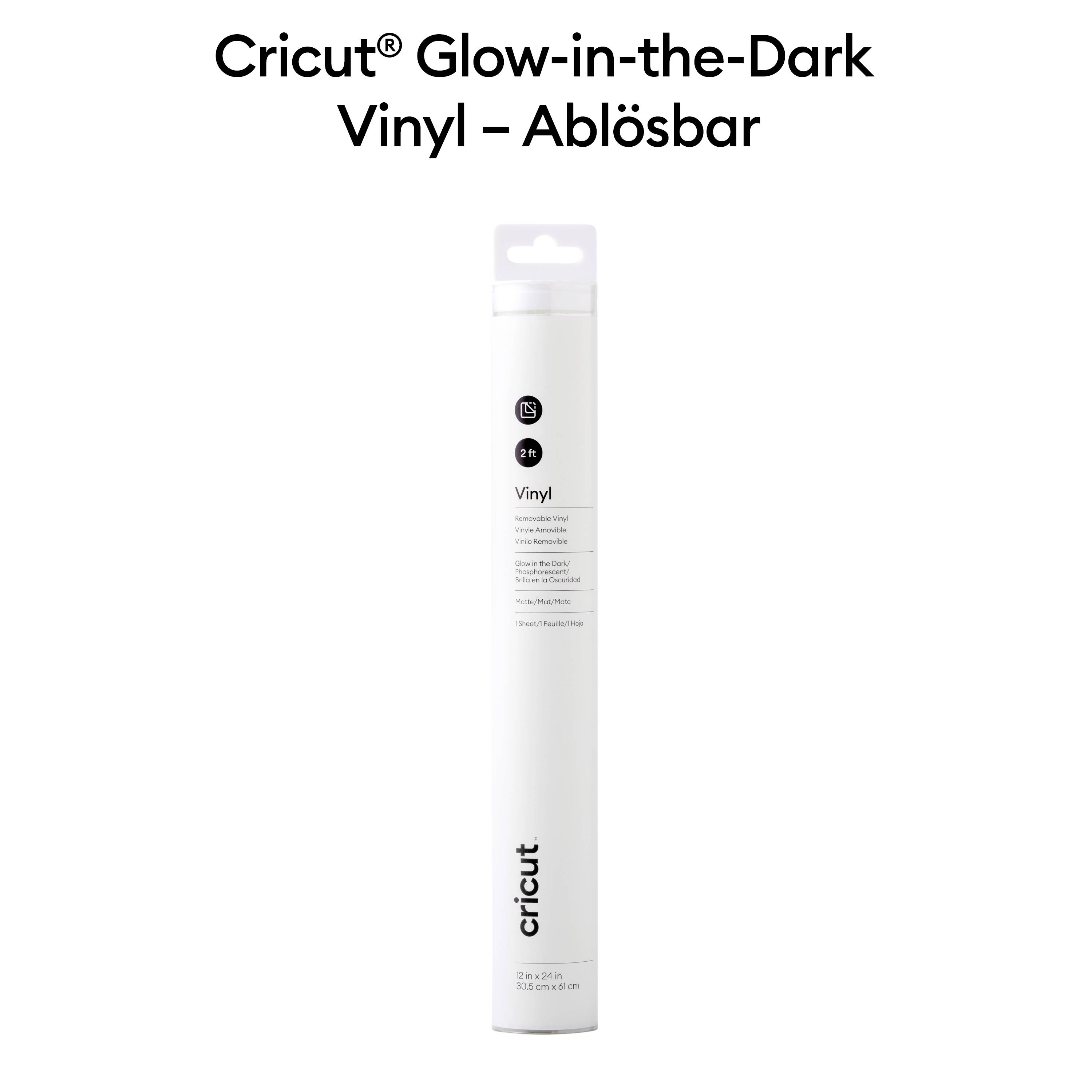 White vinyl roll, labelled 'Cricut Glow-in-the-Dark Vinyl – Removable'. Used for creative craft projects.