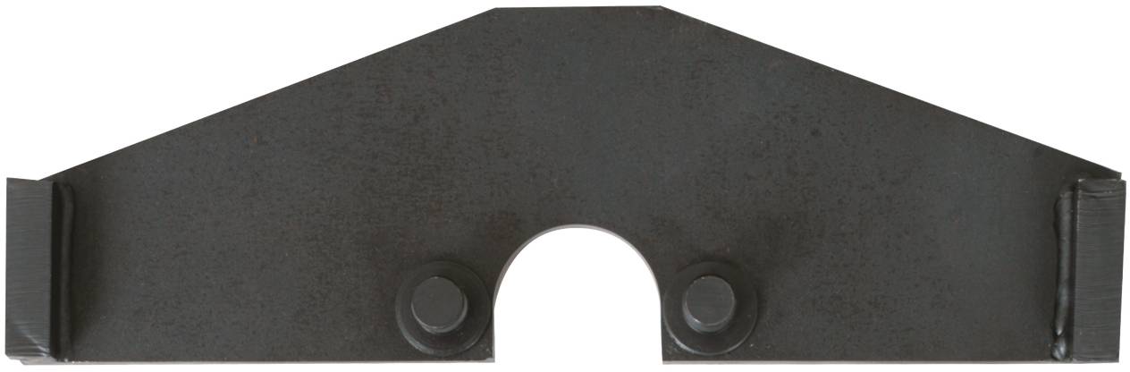A dark, trapezoidal metal sheet with two round rivets and a central, semi-circular cut-out at the bottom.