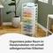 A rolling organiser with coloured drawers stands in an office. The drawers are sorted with labels and colours.