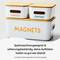 Two white containers with wooden lids, labelled 'Markers' and 'Crayons', are stacked on top of each other. Text below advertises robust stickers.
