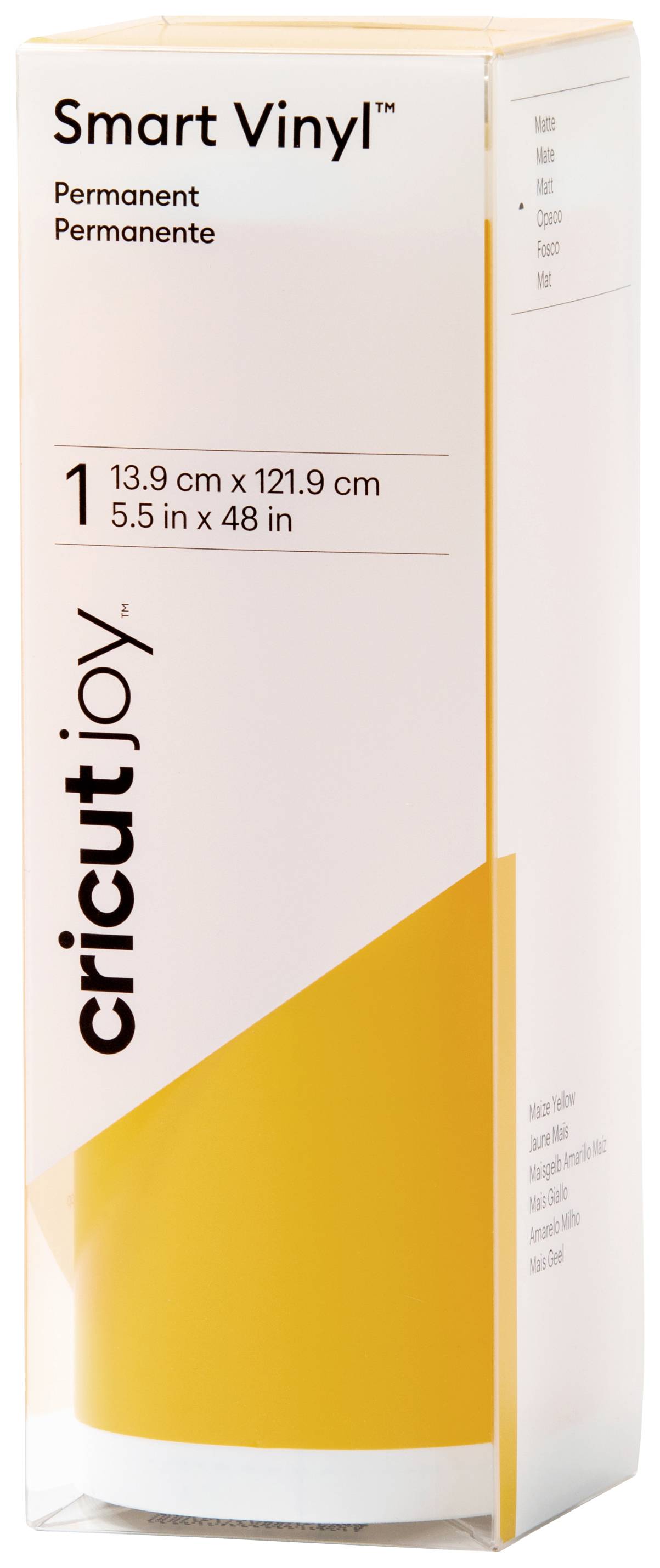 Packaging box for 'Smart Vinyl' by Cricut Joy, containing permanent vinyl film in Yellow, size 13.9 cm x 121.9 cm.