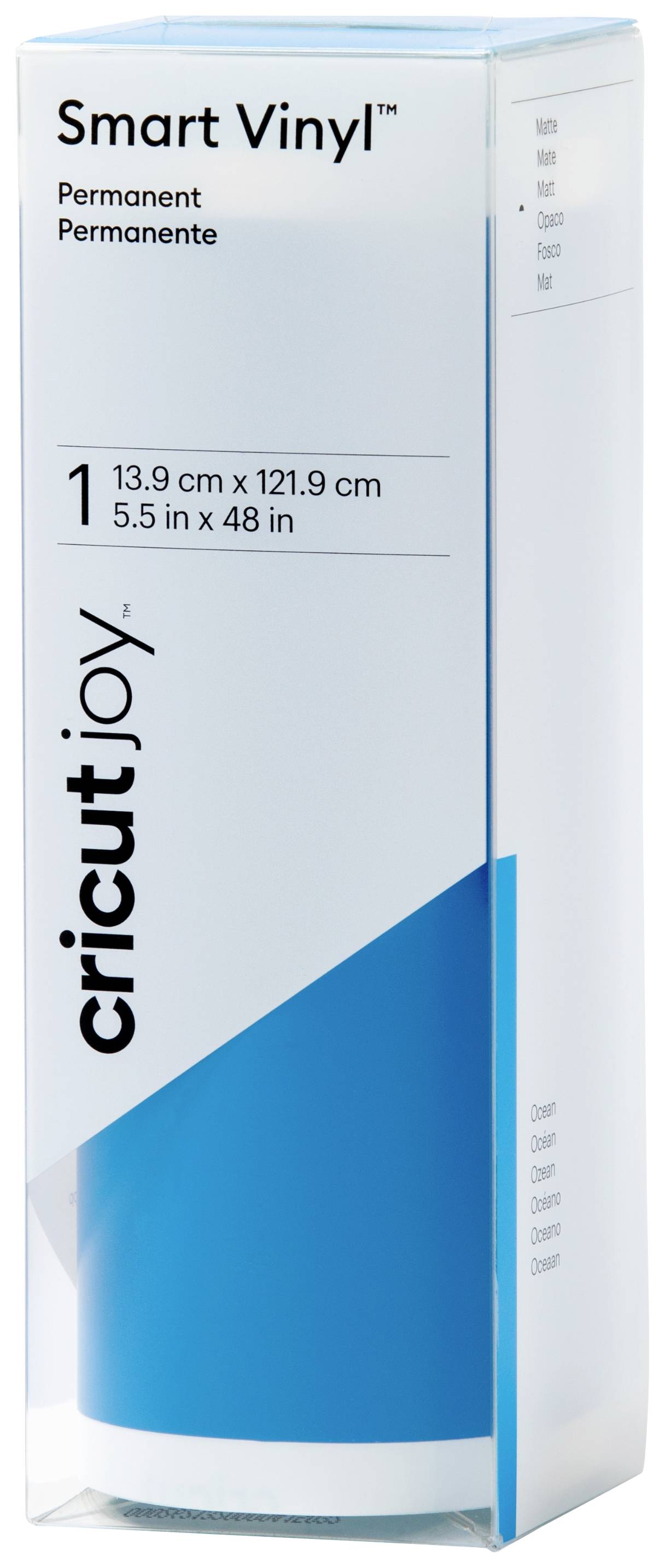 Packaging of a blue vinyl roll labelled 'Smart Vinyl Permanent' by Cricut Joy. Dimensions: 13.9 cm x 121.9 cm.