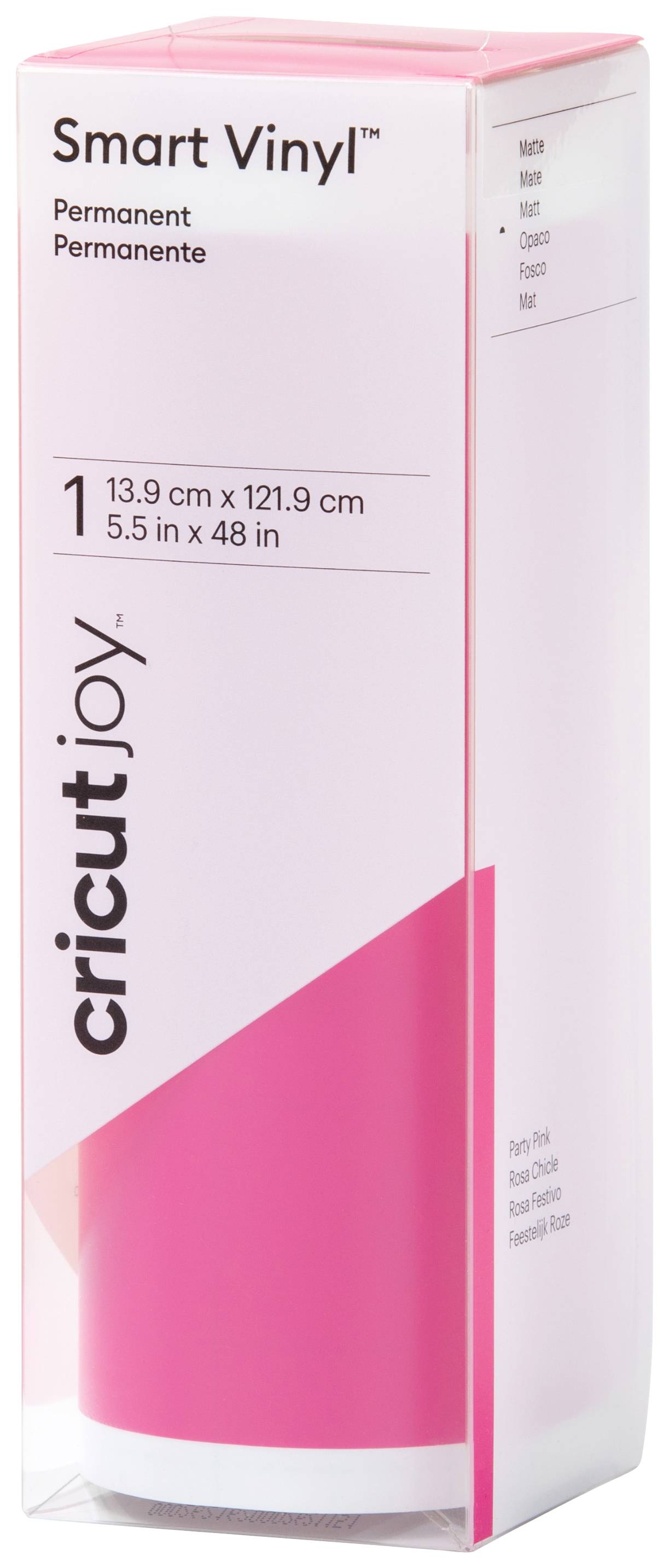 A packaging for Cricut Joy featuring pink Smart Vinyl Permanent, with dimensions of 13.9 cm x 121.9 cm.