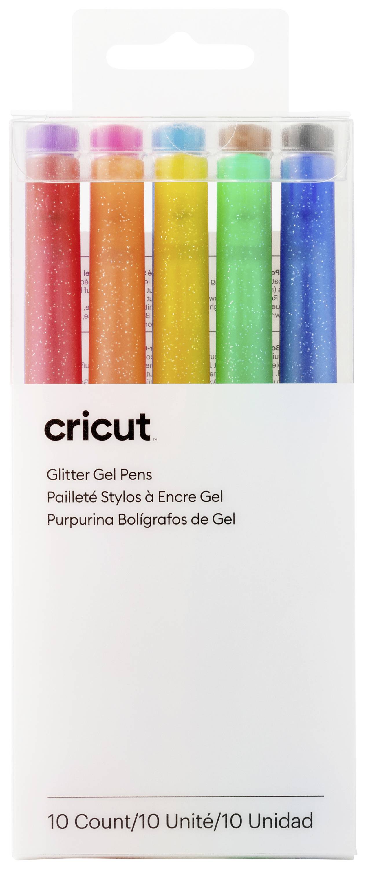 Image of Cricut Glitzer Gel 0,8mm, 10er Pen set Blue, Yellow, Orange, Green, Red, Black, Brown, Light blue, Rose, Purple