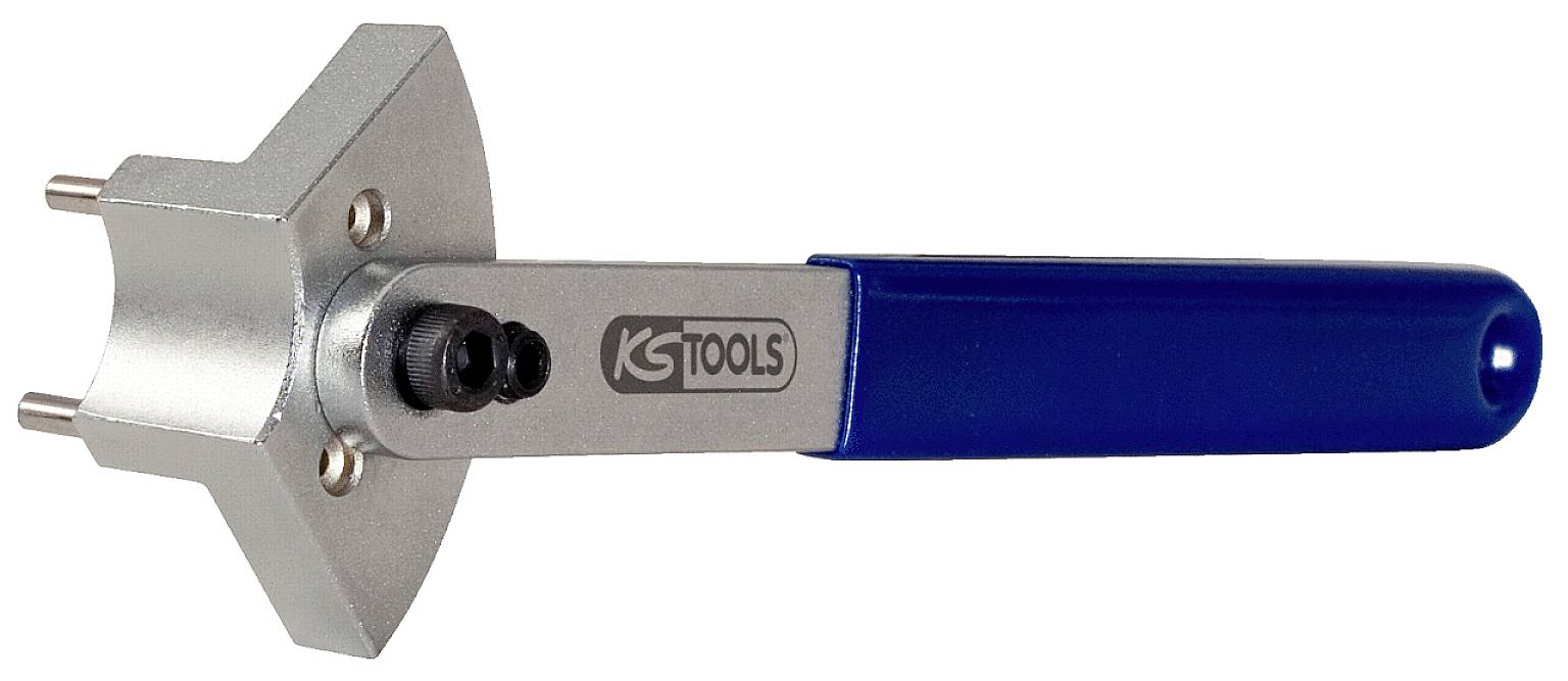 This picture shows a specialist tool with a blue handle, manufactured by KS Tools. It has a metallic base with two protruding pins.