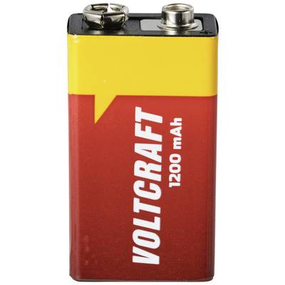A red 9-volt battery with a yellow top, which reads 'VOLTCRAFT 1200 mAh'.