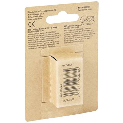 Battery Pack Rear Label:<br><br>Lithium Battery 9V, 1200mAh, Rechargeable<br>Manufactured by Conrad Electronic SE