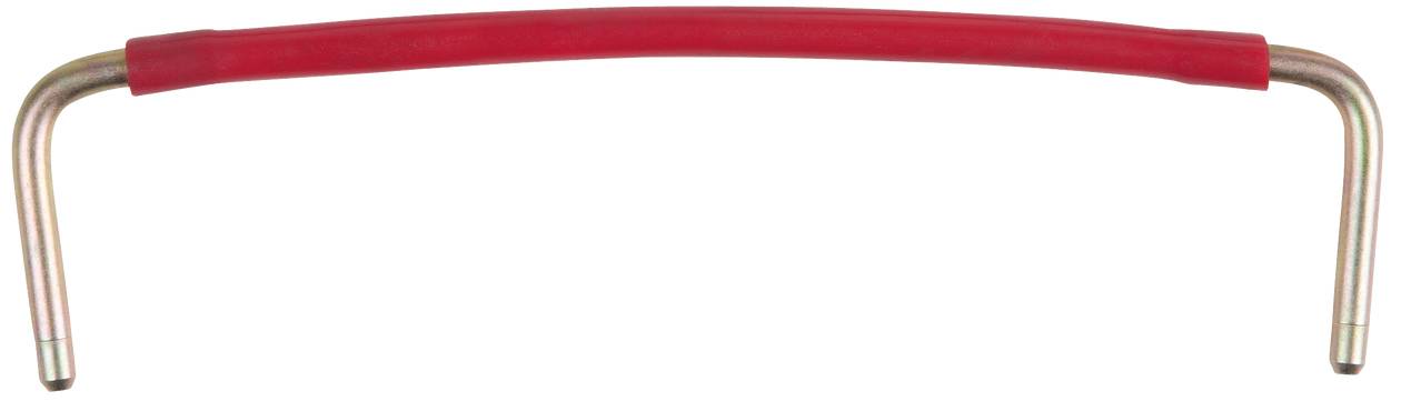 A red-coated metal bracket with two hooks at its ends, likely a handle or mounting accessory.