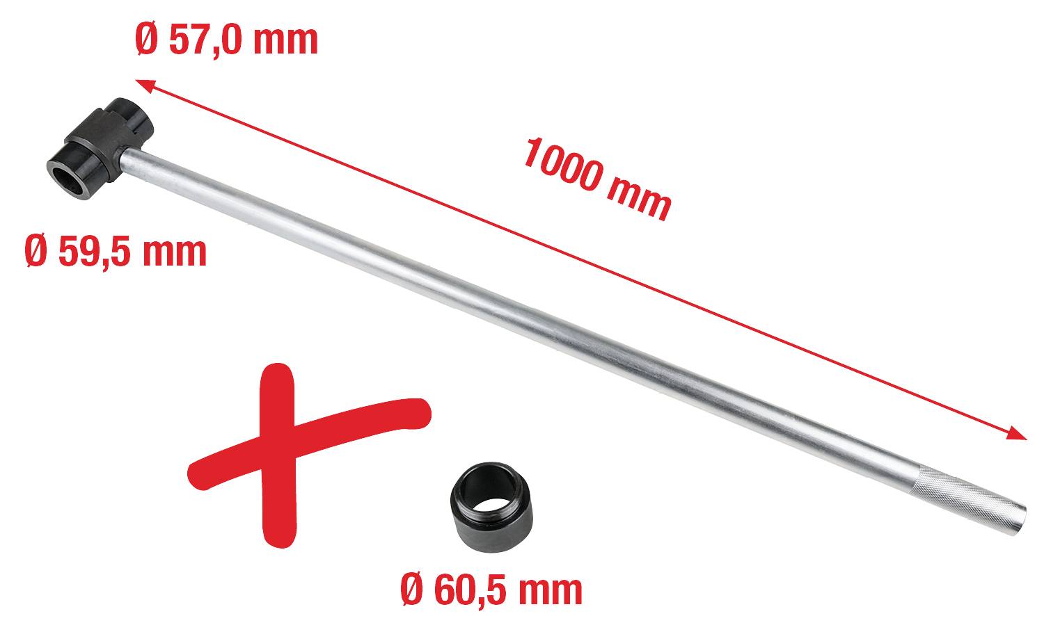 Long metal rod, 1000 mm, diameter 59.5 mm, with a black end of 57 mm diameter. Additionally, a black ring, 60.5 mm diameter.