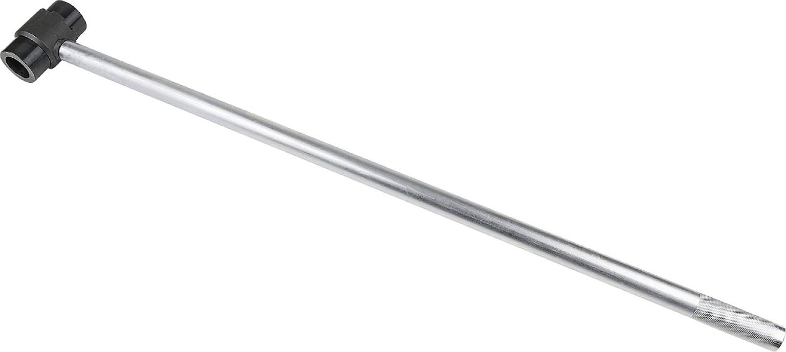 A long metal rod with a black plastic handle at one end, possibly a tool or lever used for applying force.