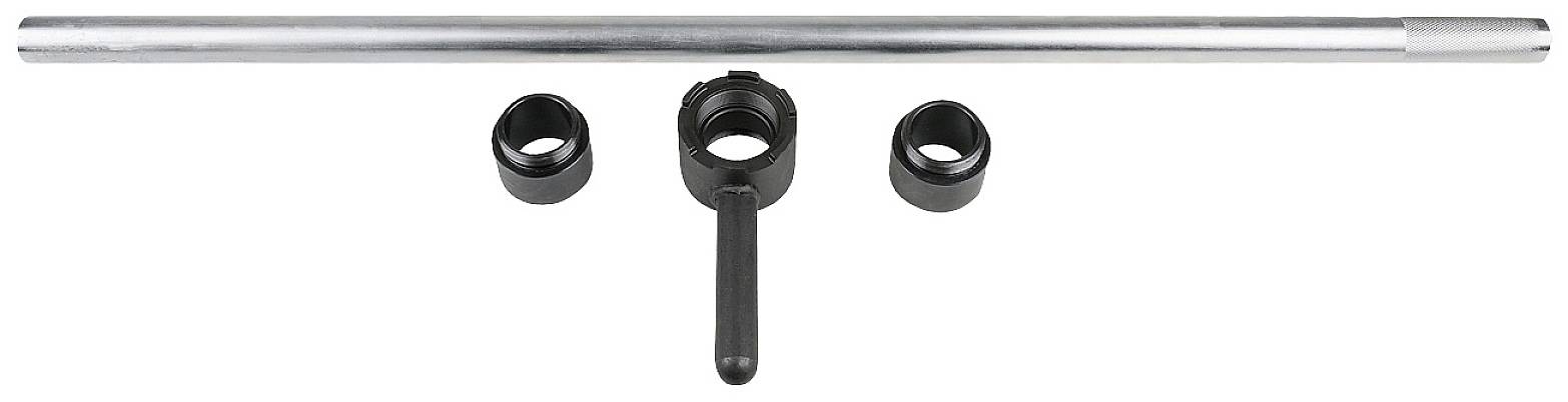 Metal rod with three black plastic parts underneath, including a larger one that appears to function as a handle.