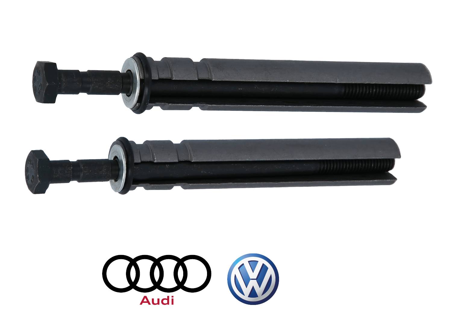 Two black bolts and the Audi and Volkswagen logos beneath them.