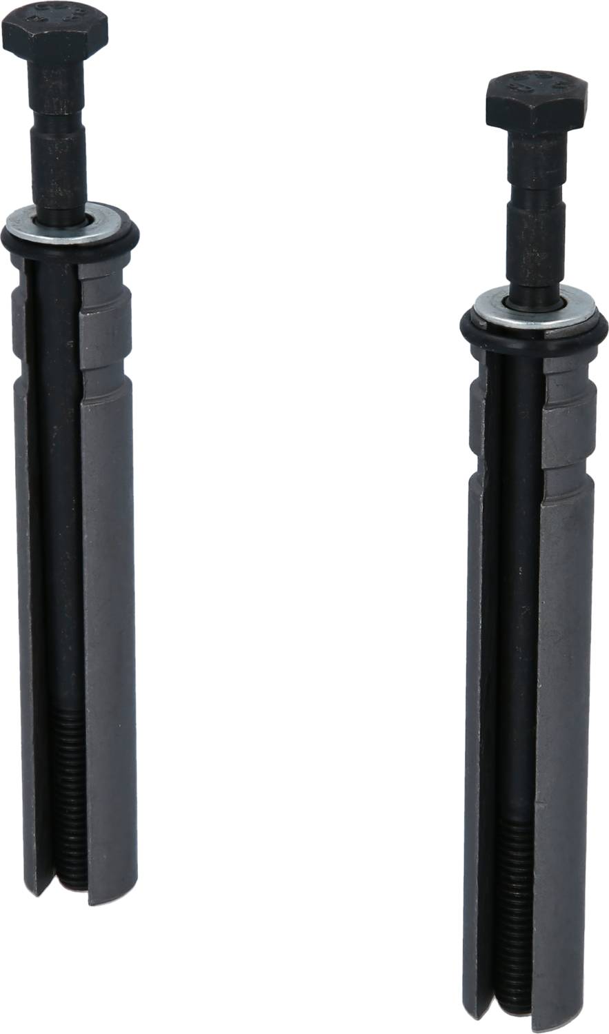 Two black metal pipe spreaders with threaded bolts, standing side by side.
