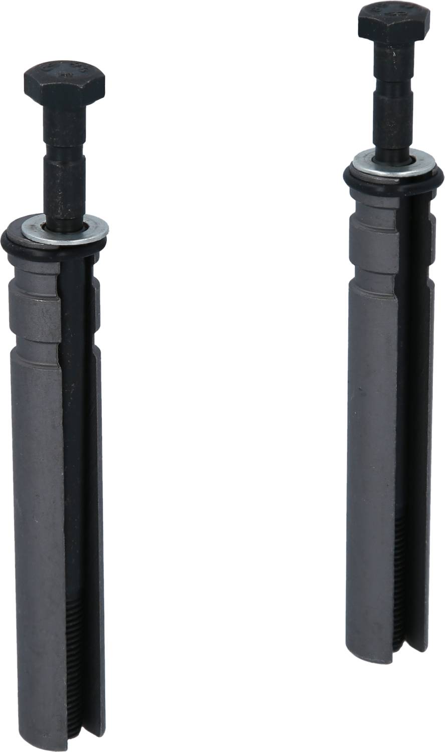 Two black metal bolts with screws at their ends in an upright position.