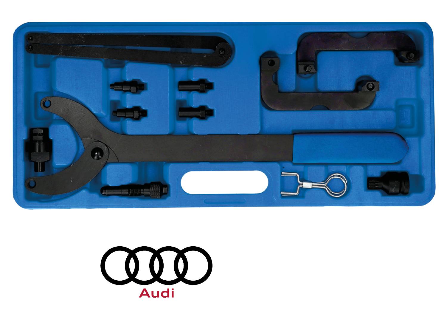 An Audi tool set in a blue plastic box, containing various black tools for adjusting engine management.