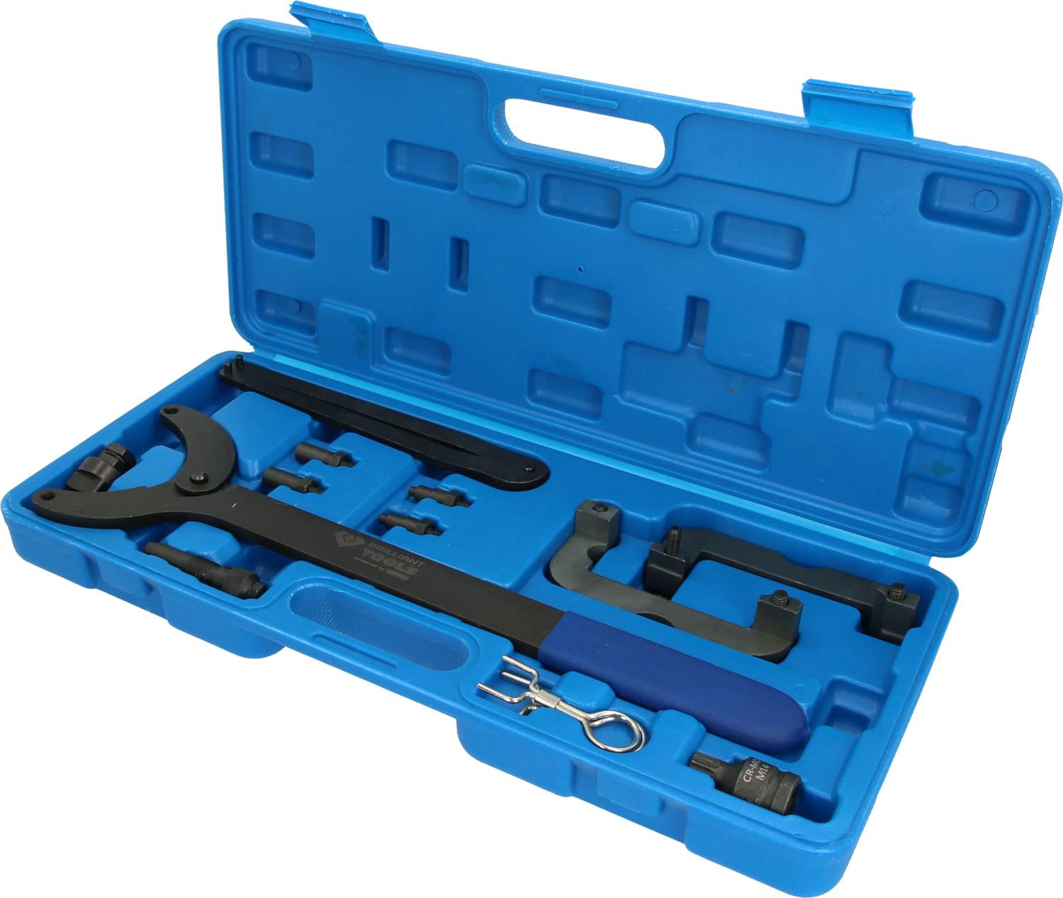 Open blue plastic case with a chain key set for bicycle maintenance. Contains various adapters and tools.