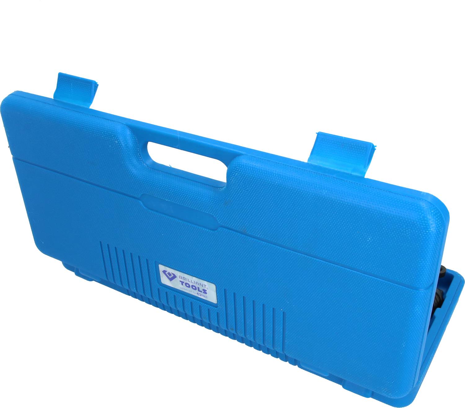 Blue plastic case with handle, likely for tools, standing upright.