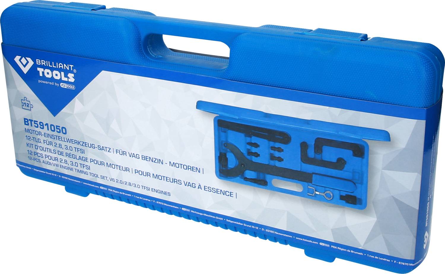 Blue tool case by Brilliant Tools, labelled 'BTS91050'. Contains engine timing tools for VAG petrol engines.