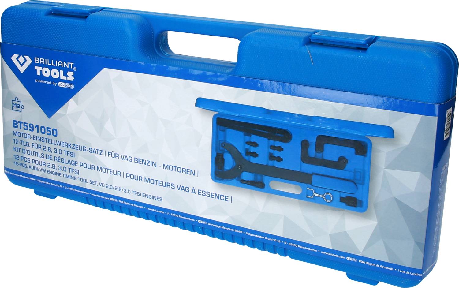 Blue tool case with the inscription 'Engine Setting Tool Set for VAG Petrol Engines'. Contains various tools.