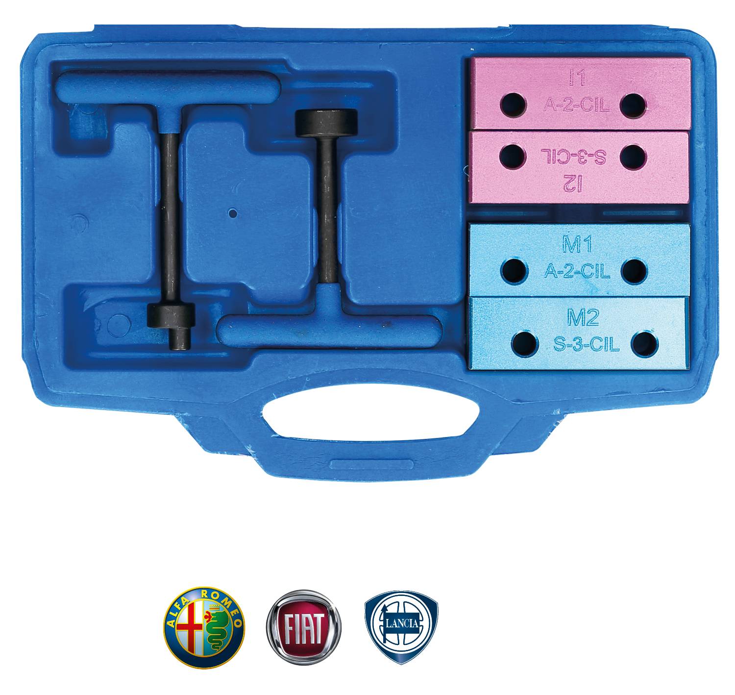 Blue tool case with metal pins and pink/blue blocks. Alfa Romeo, FIAT, and Lancia logos at the bottom.