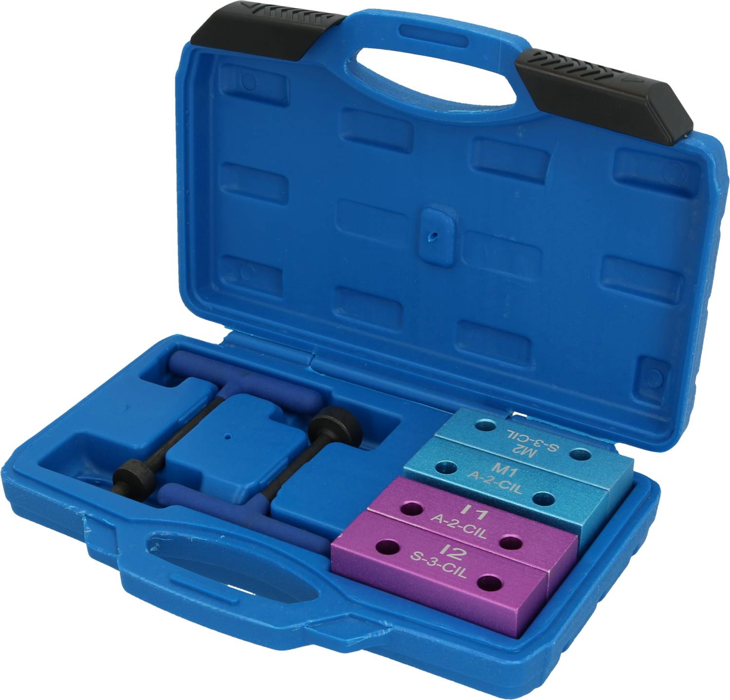 A blue toolbox, open with various coloured metal blocks and tools for engine management calibration.