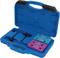 A blue toolbox, open with various coloured metal blocks and tools for engine management calibration.